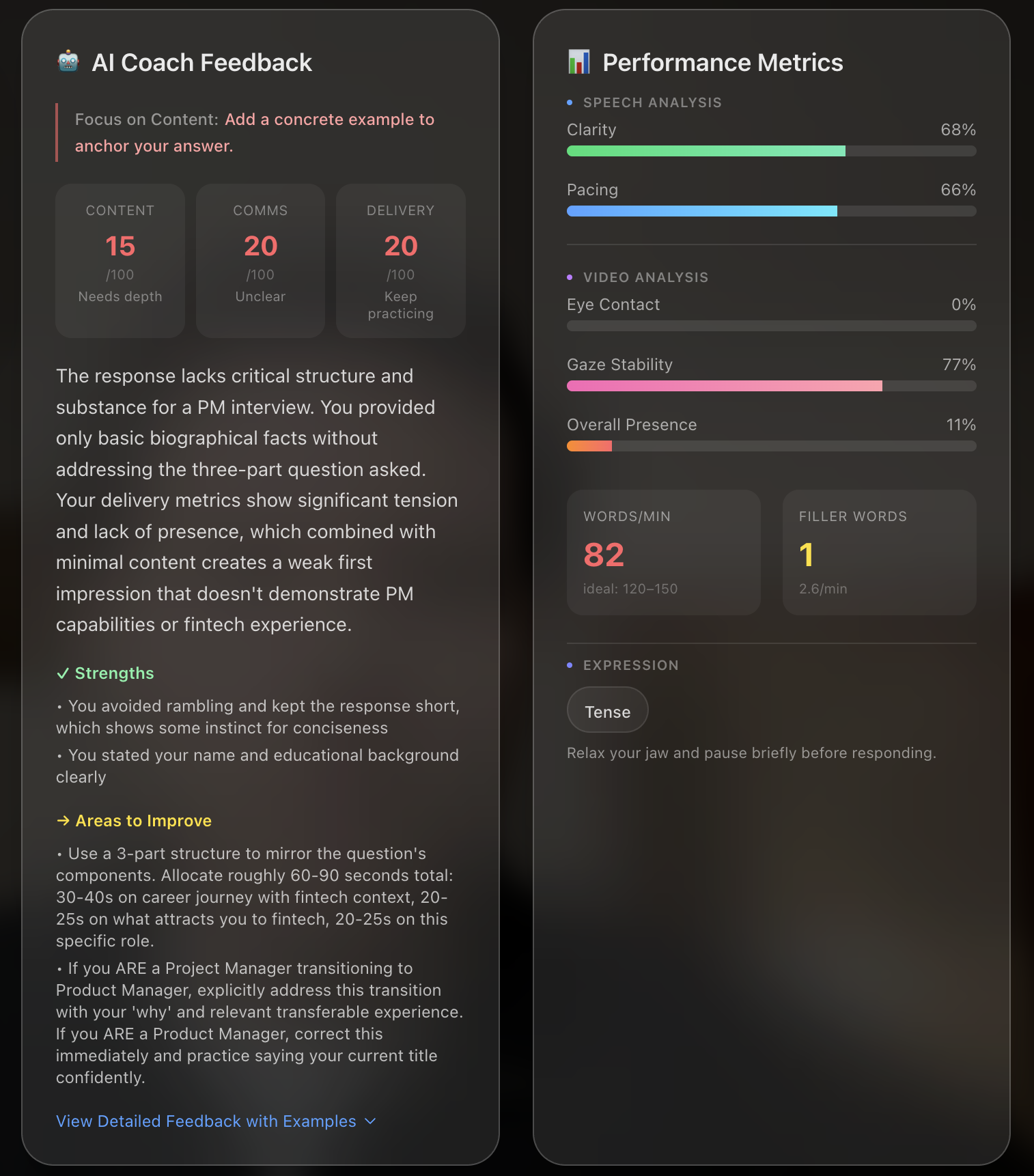 AI Coach Feedback Dashboard showing content, communication, delivery scores, eye contact, pacing, and filler word metrics