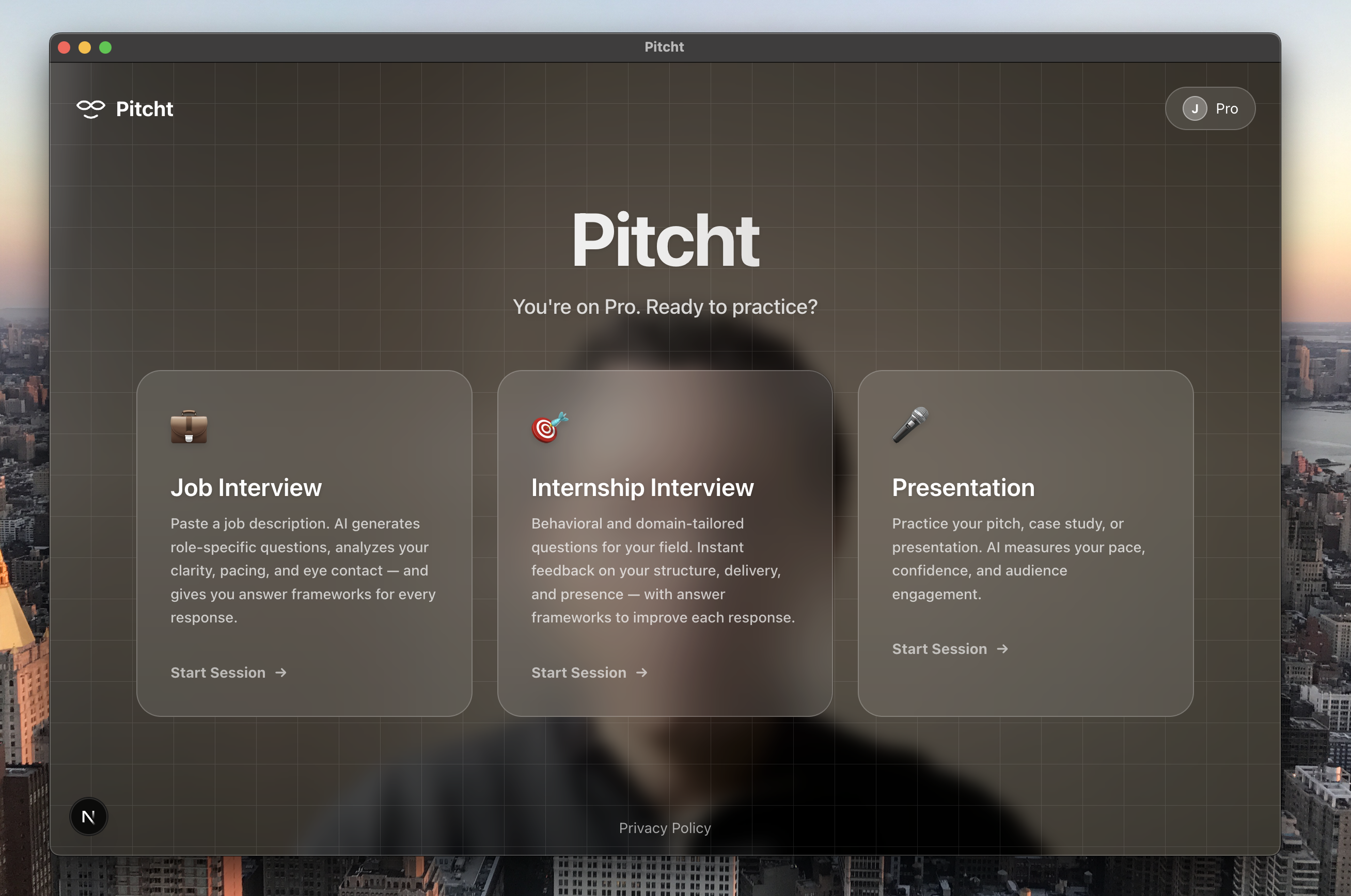 Pitcht App Homepage with three session cards